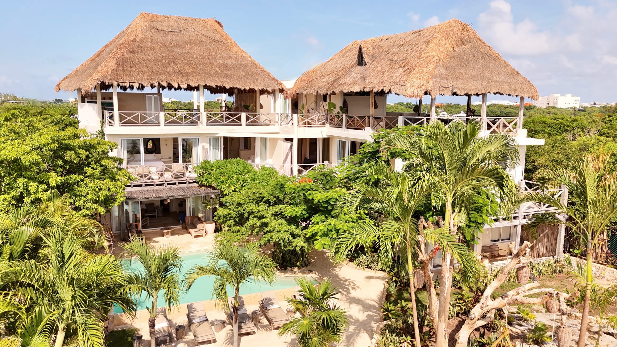 Aerial view of Casa Coco — palapa-roofed villa surrounded by palms with a private pool